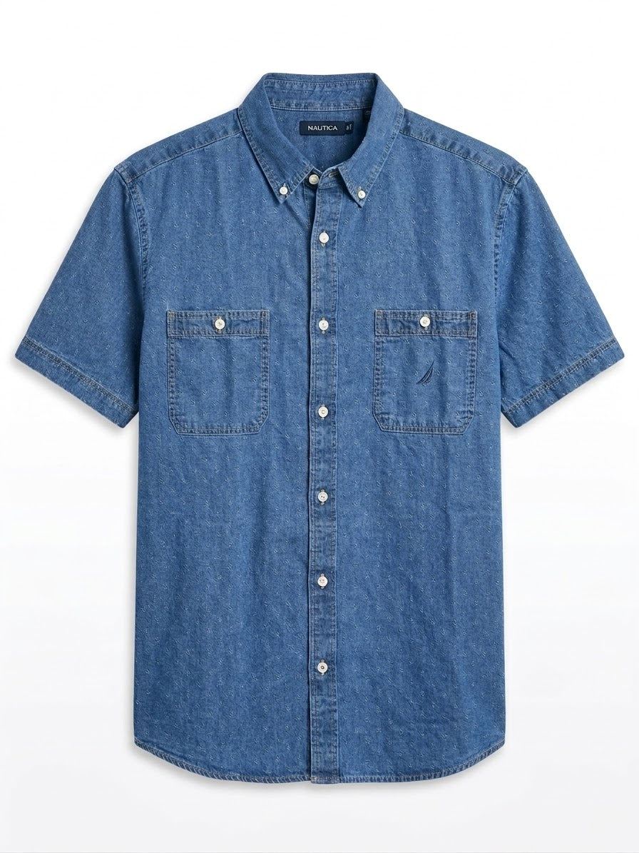 Nautica Men's Short Sleeve Patterned Chambray Button-Down Shirt