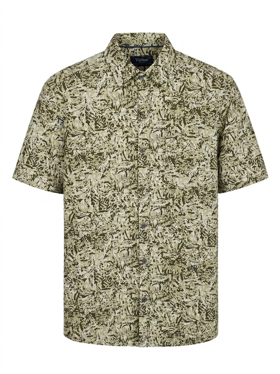 VISITOR - Short-Sleeve Button-Down Shirt in Olive & Beige Abstract Print