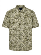 VISITOR - Short-Sleeve Button-Down Shirt in Olive & Beige Abstract Print