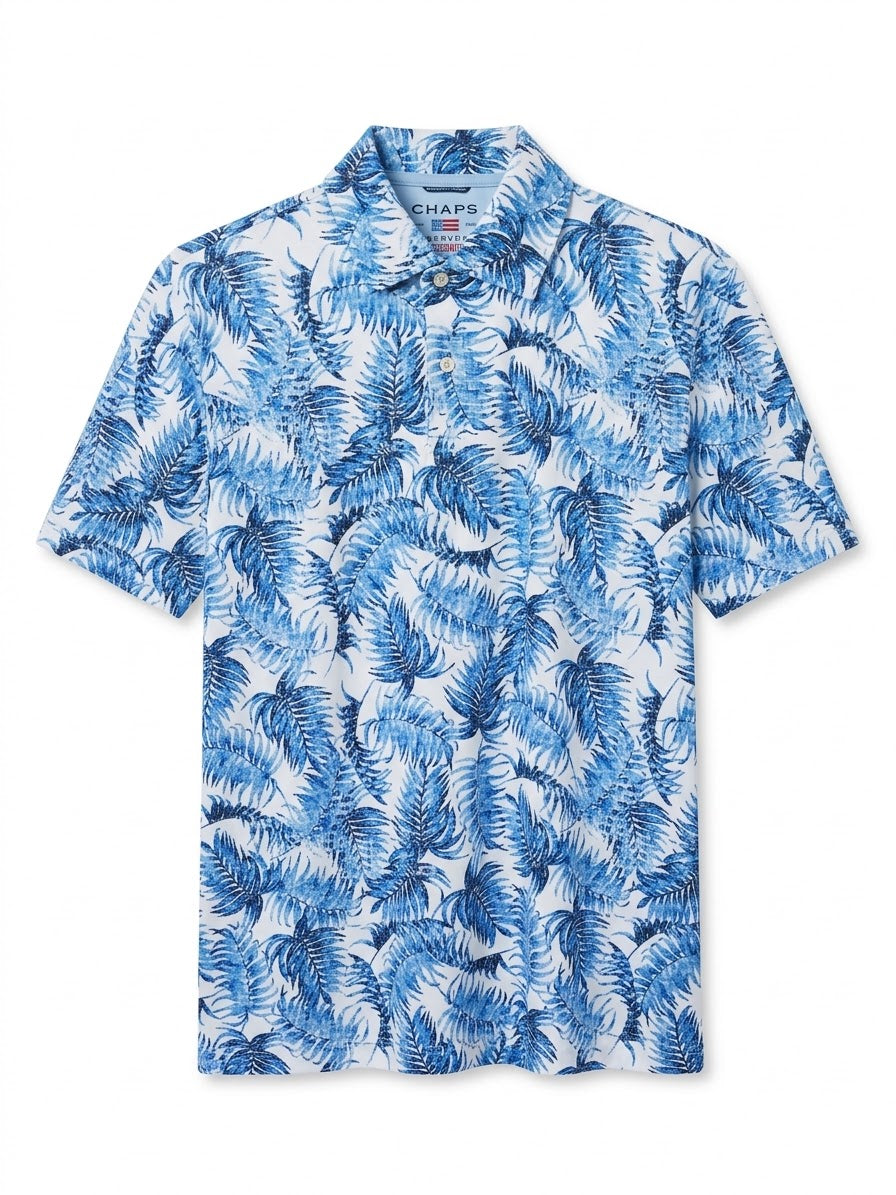 CHAPS Men's Tropical Palm Leaf Print Polo Shirt - Blue & White