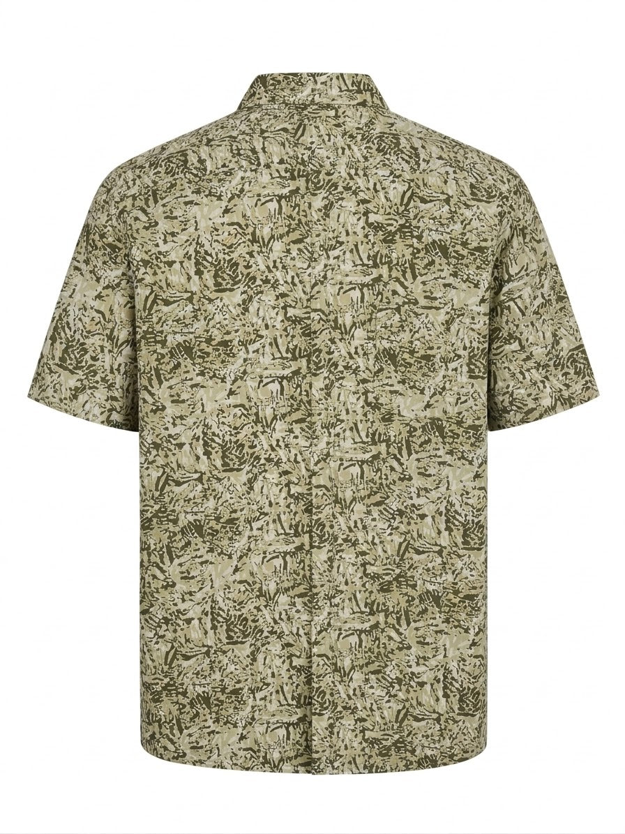VISITOR - Short-Sleeve Button-Down Shirt in Olive & Beige Abstract Print