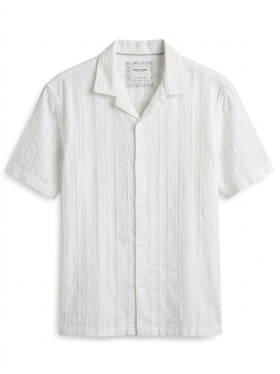 Denim and Flower Stripe Textured Camp Shirt
