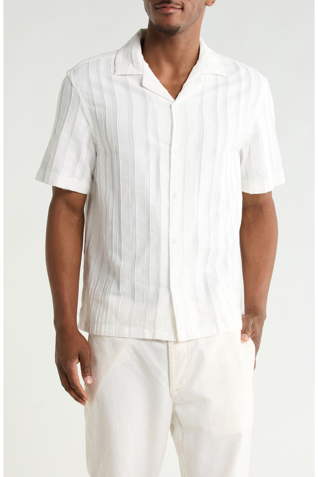 Denim and Flower Stripe Textured Camp Shirt