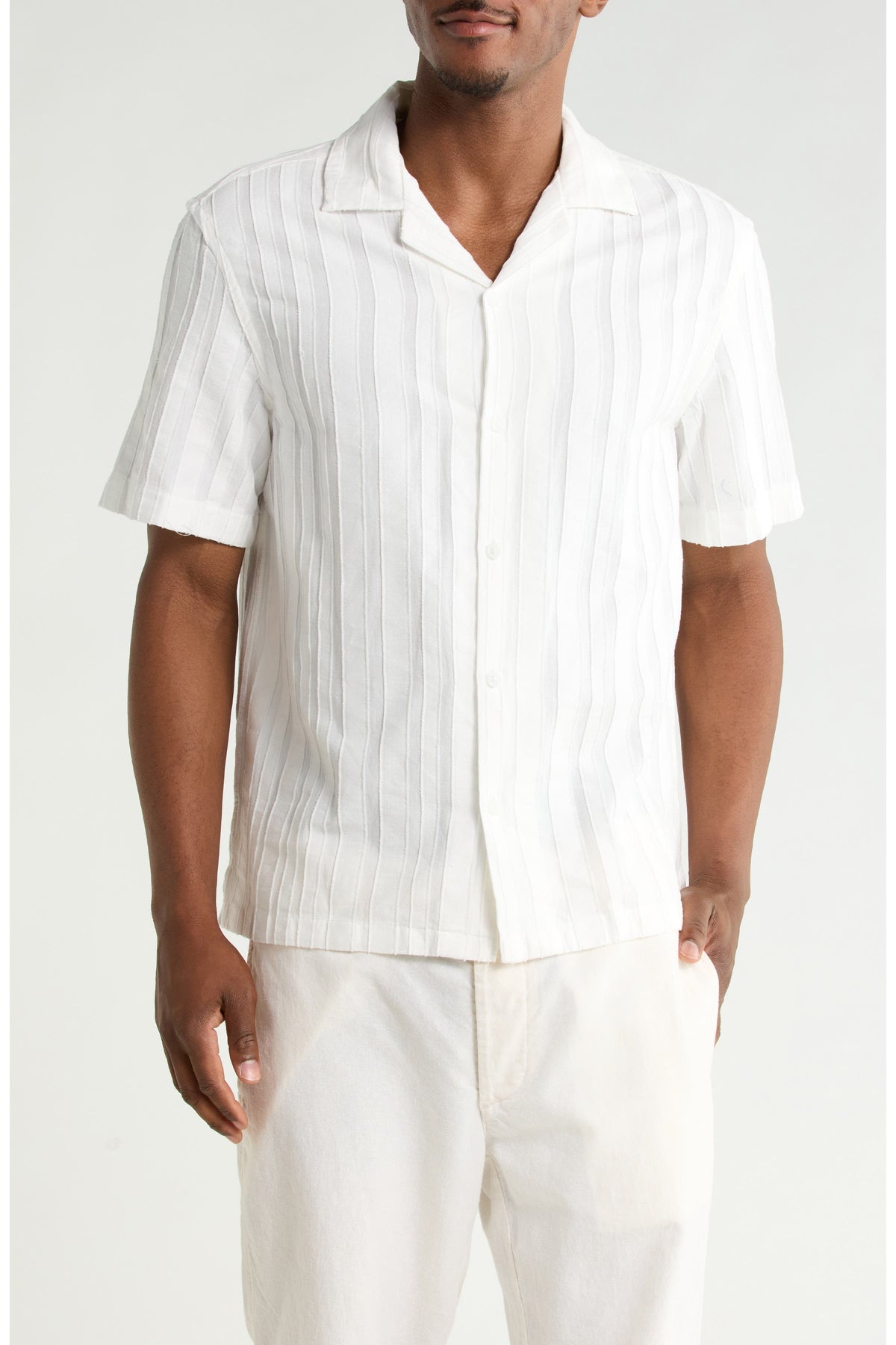 Denim and Flower Stripe Textured Camp Shirt