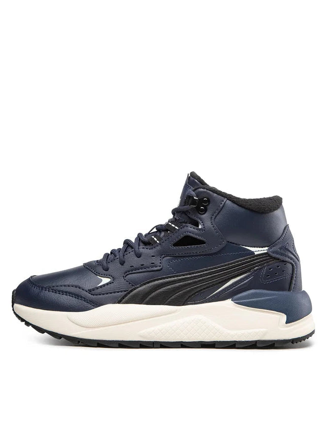 A navy blue Puma high-top sneaker with black overlays, a cream midsole, and a black outsole, shown in a side profile on a white background.